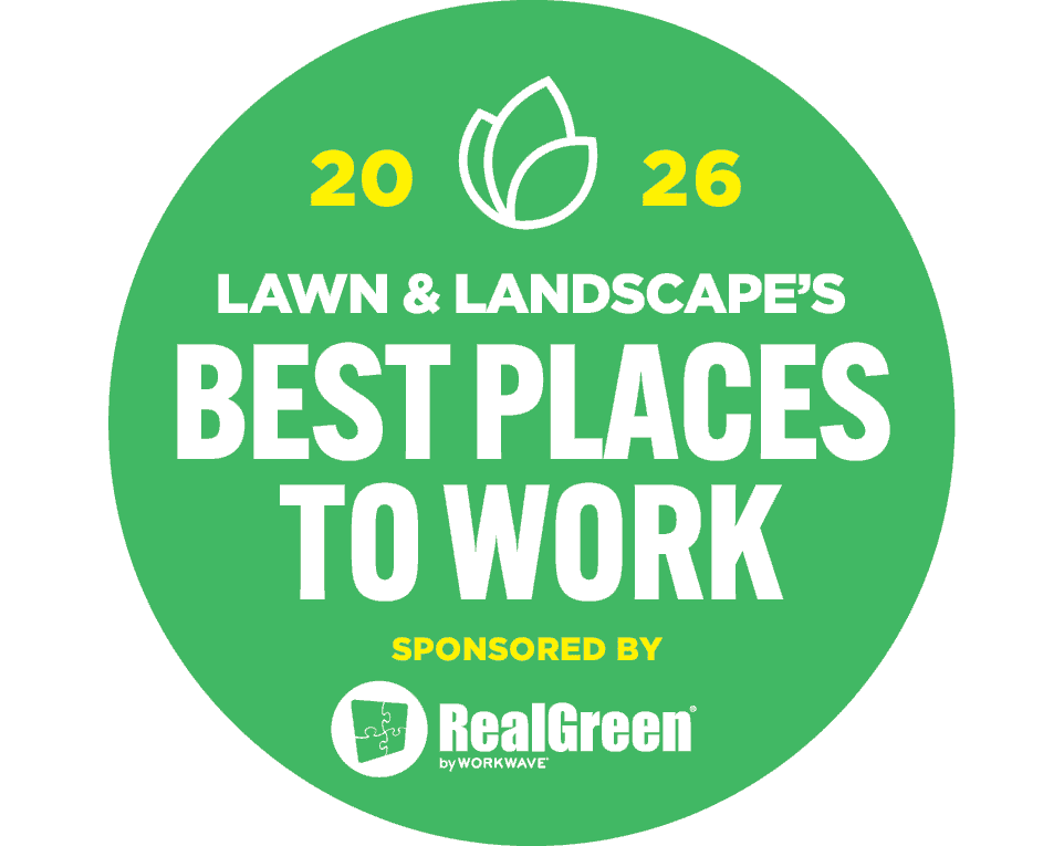 Lawn & Landscape 2026 Best Places to Work award badge, sponsored by RealGreen